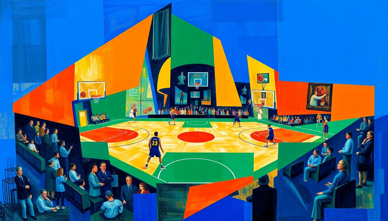 A cubist, geometric painting depicting a basketball game or match, with the players and court reduced to abstract shapes and planes of color in a vibrant palette, conceptually representing the end of an era for the Milwaukee Bucks.