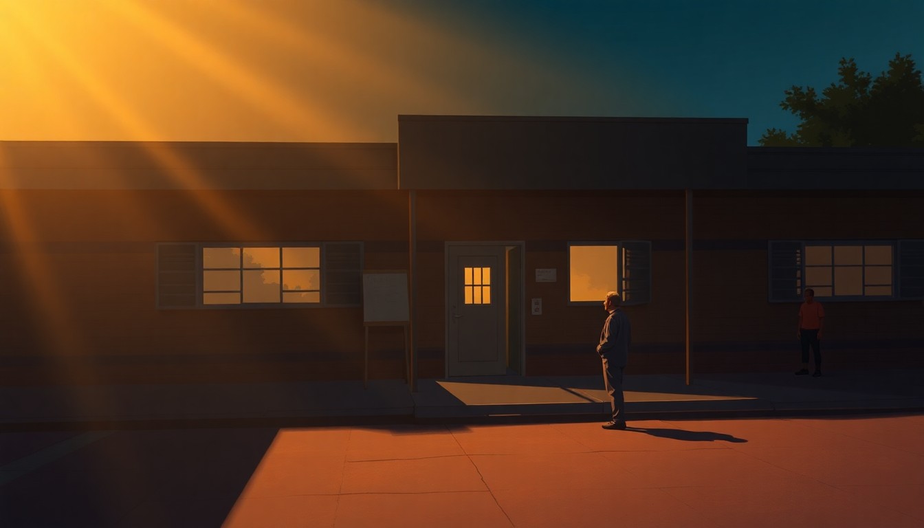 A realistic painting depicting a lone voter standing in line outside a public school building, the scene bathed in warm, cinematic lighting that casts deep shadows, conveying a sense of solemnity and uncertainty surrounding the electoral process.