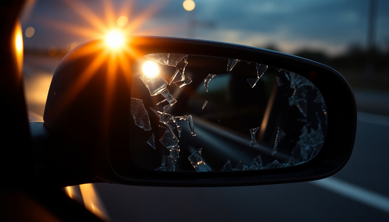 An extreme close-up of a shattered car side mirror reflecting a harsh camera flash, conceptually representing the tragic aftermath of a fatal drunk driving incident.