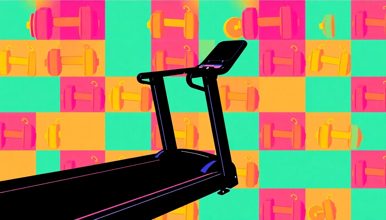 A highly stylized, abstract grid of neon-colored fitness equipment silhouettes, conveying the vibrant energy and community focus of a local gym reopening.