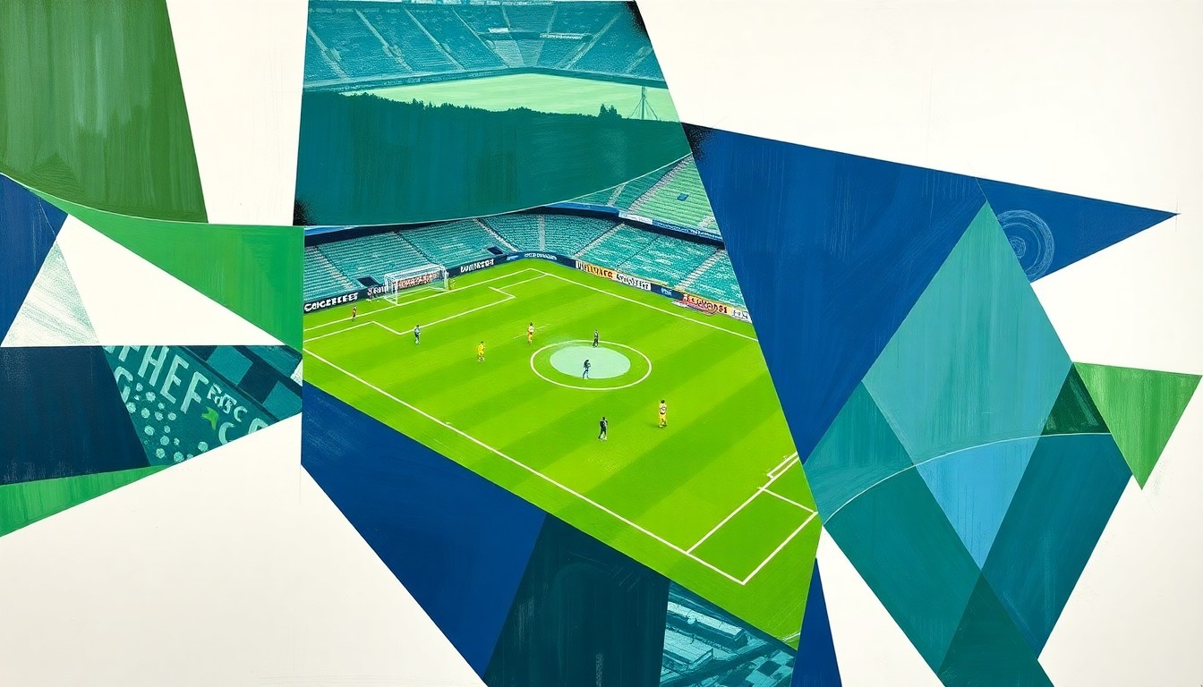 A cubist, geometric painting depicting a Sounders FC soccer match, with the players and field broken down into sharp, overlapping planes of green, blue, and white, capturing the dynamic energy of the game.