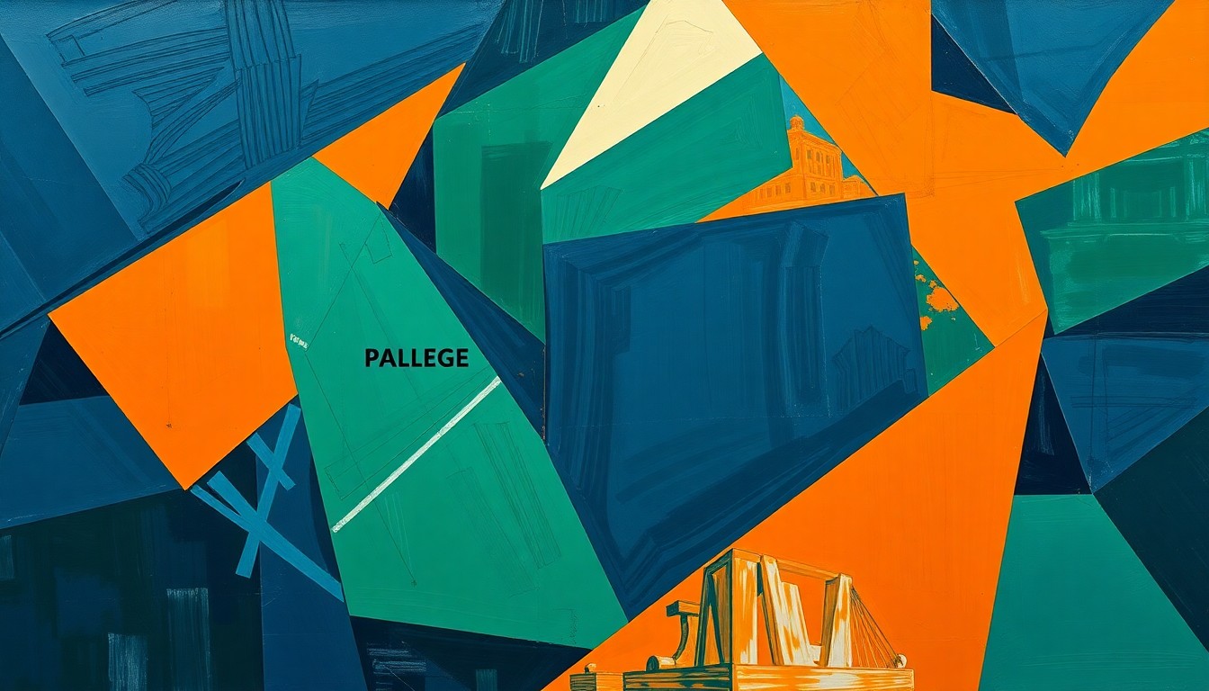 A cubist, geometric painting depicting a fragmented, multi-angled view of a college sports event, with sharp planes of navy, green, and orange conveying the complex interplay between fantasy sports and sports betting.