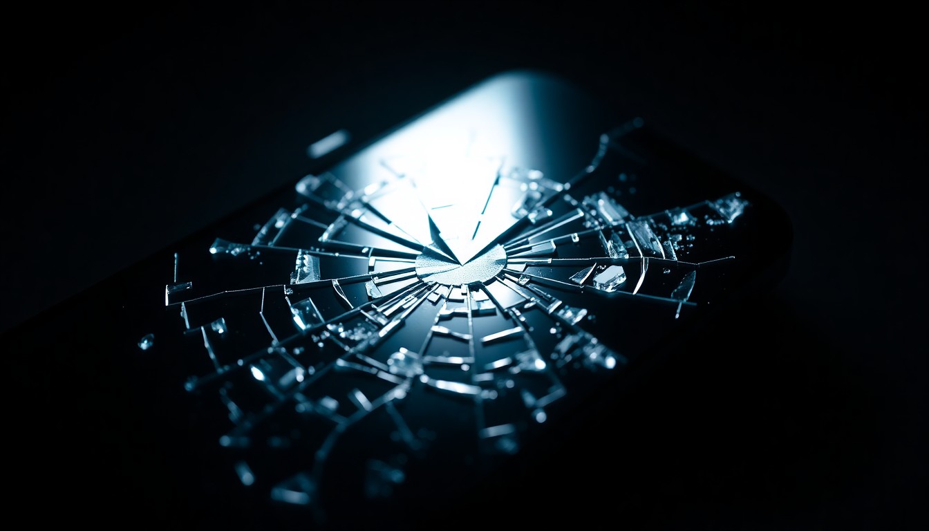 An extreme close-up of a shattered smartphone screen, the glass reflecting a faint glow, conceptually representing the aftermath of a dating app scam.