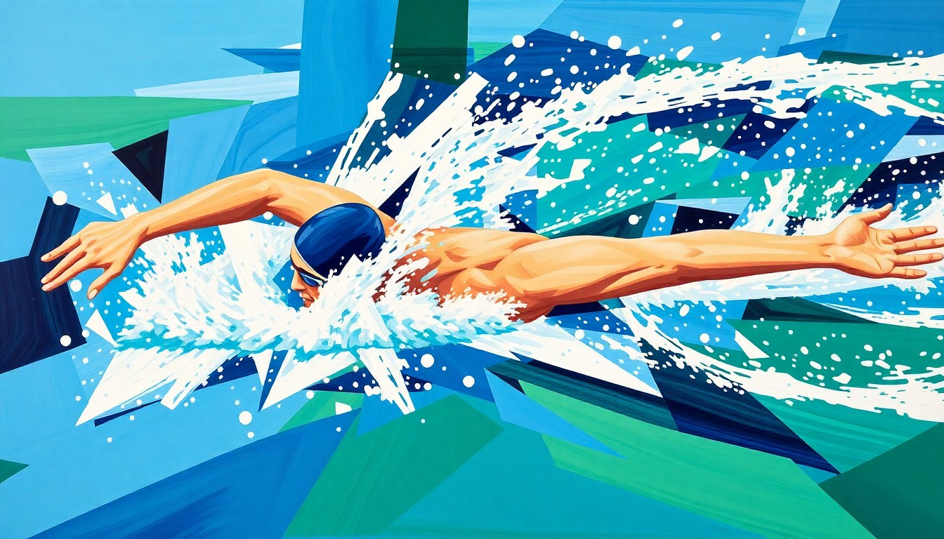 A cubist-style painting depicting the fragmented, geometric forms of a swimmer in motion, with sharp planes of blue, green, and white conveying the energy and dynamism of the 100m freestyle event.