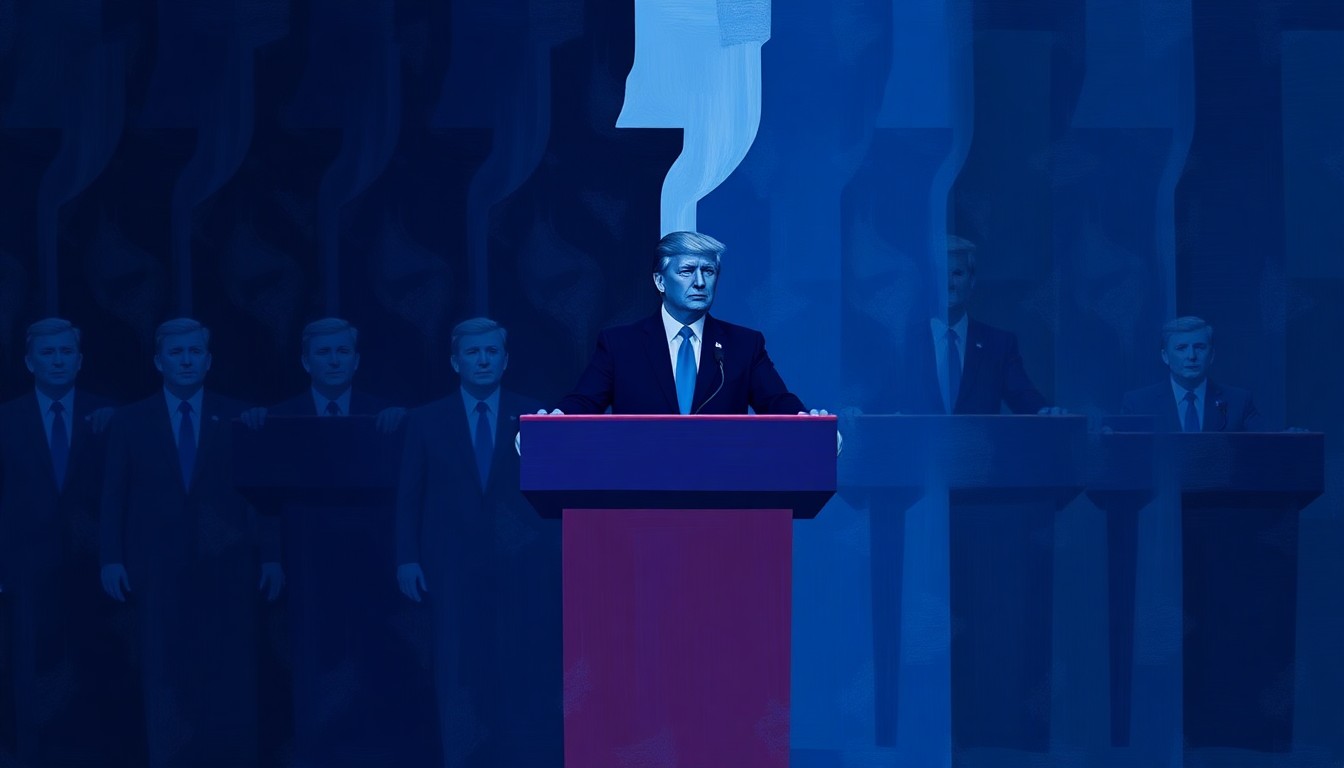 A fragmented, abstract painting of a political podium in shades of blue and purple, conveying a sense of disruption and instability.