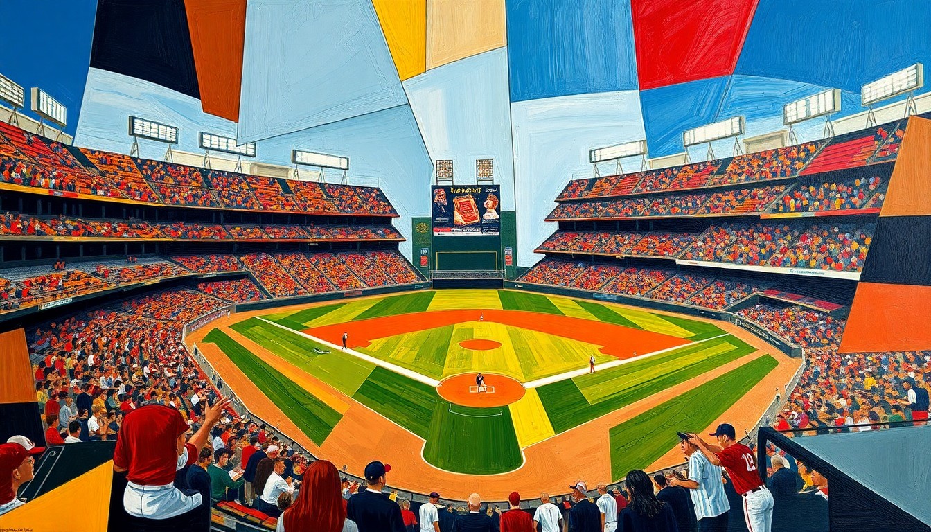 A cubist, geometric painting depicting a baseball game, with sharp, overlapping planes of navy, gold, and red colors representing the dynamic action on the field.