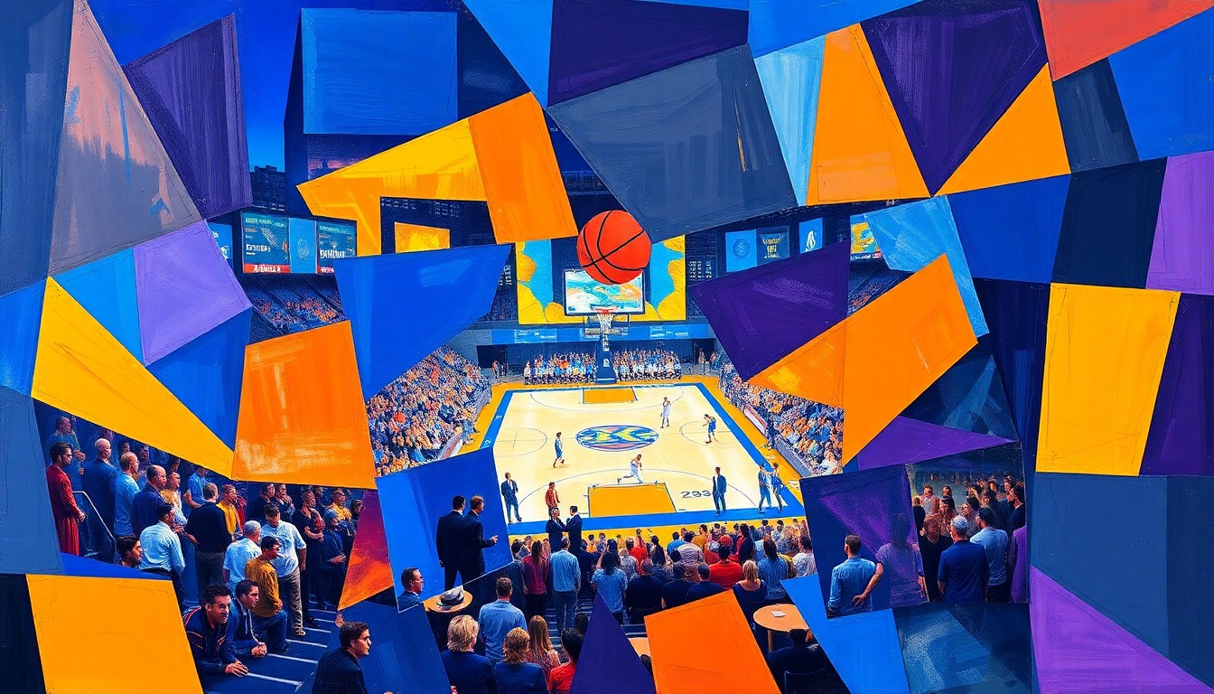 A fractured, multi-perspective painting in the style of Pablo Picasso, breaking a college basketball game down into sharp, overlapping geometric planes of vibrant colors like royal blue, bright orange, and deep purple, conceptually representing the unpredictable nature of the NCAA Tournament.