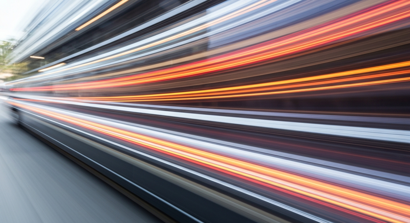 An abstract, motion-blurred image of an electric vehicle, conveying the speed and chaos of the global transition to electric mobility that is leaving American carmakers behind.