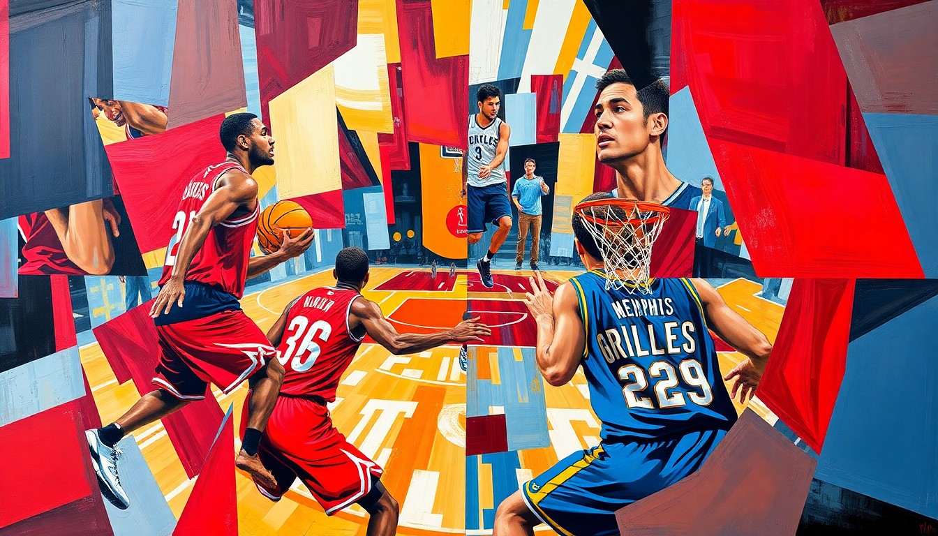 A cubist, geometric painting depicting a basketball game between the Houston Rockets and Memphis Grizzlies, with sharp, overlapping planes of red, blue, and gold colors representing the players and action on the court.