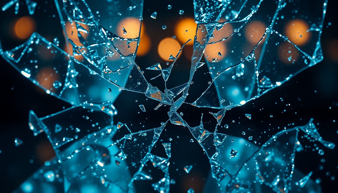 An extreme close-up photograph of shattered glass and glittering reflections, conceptually representing the fragile balance between technical progress and human authenticity in filmmaking.