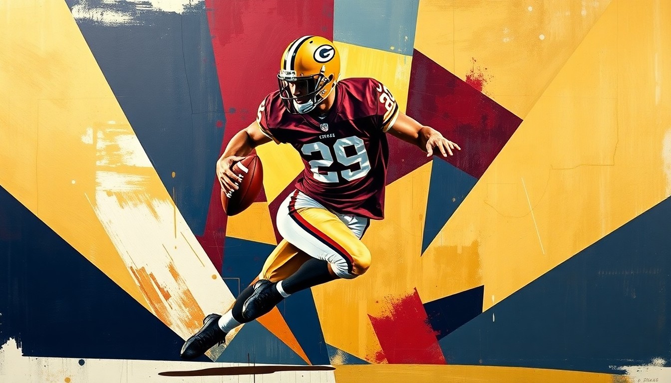 A fragmented, geometric painting depicting a football player in motion, with sharp planes of burgundy, gold, and navy blue representing the dynamic and versatile nature of the player.