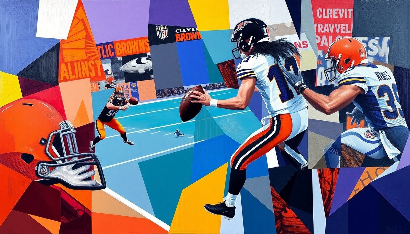 A cubist-style painting depicting a fragmented, geometric representation of a football player in motion, with the colors of the Baltimore Ravens and Cleveland Browns teams.