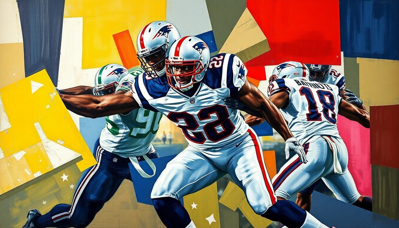 A fragmented, cubist-style painting depicting a football defensive play, with sharp, overlapping geometric shapes and planes representing the movement and energy of the game.
