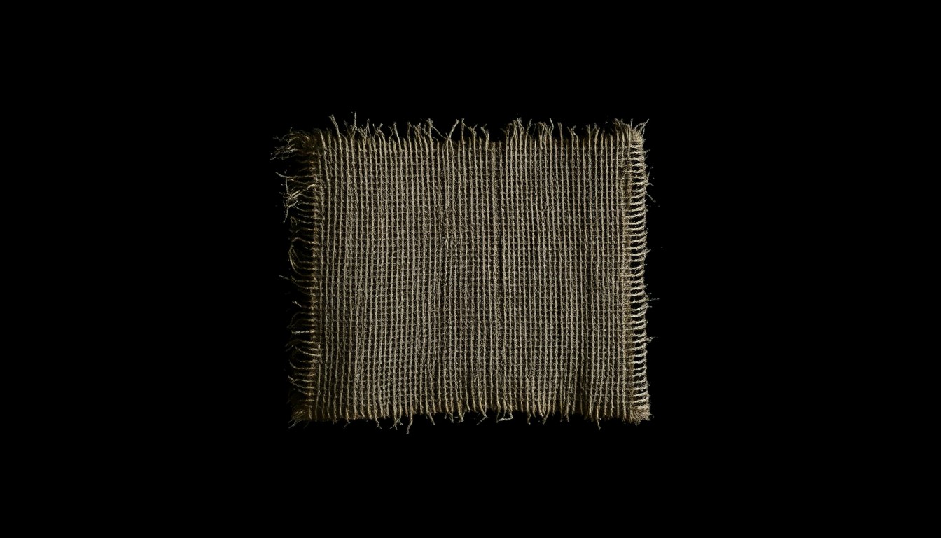 An extreme close-up photograph of a single piece of burlap fabric, capturing the rough, textured material in dramatic lighting that evokes a sense of the gritty investigation into the Gilgo Beach serial killings.