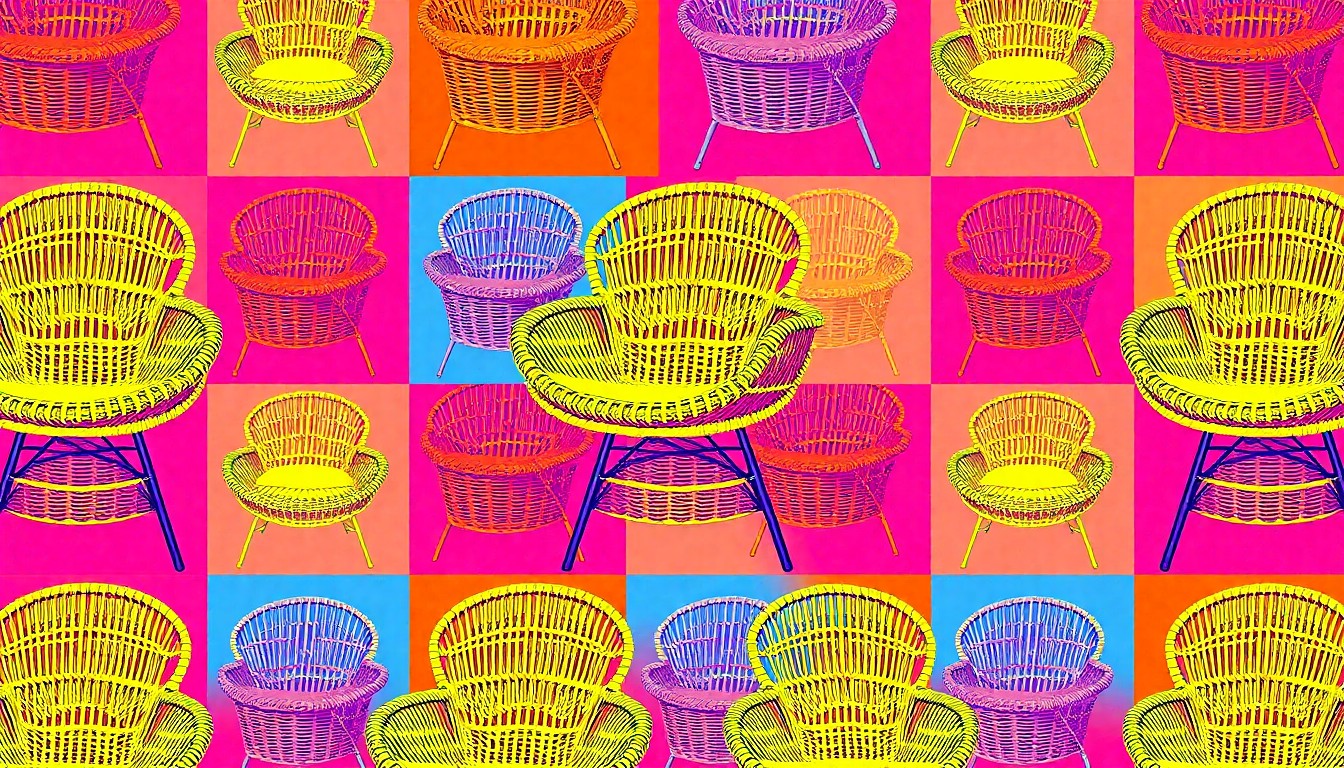 A vibrant, high-contrast silkscreen print of a rattan chair repeated in a grid, capturing the pop art spirit of Pamela Anderson's new lifestyle-focused furniture collection.