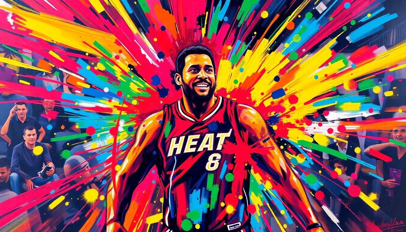 An abstract, expressionist painting in vibrant neon colors, capturing the energy and excitement of a Miami Heat basketball game, with the figure of the team's longtime in-game host Mike B. at the center, his form dissolving into swirling brushstrokes.
