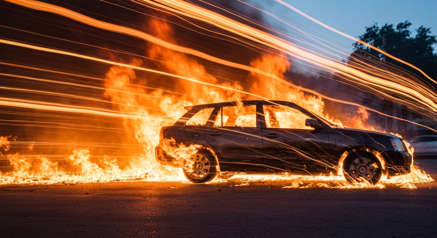 An abstract, blurred image of a burning vehicle on a city street, conveying the chaos and disruption caused by the incident.