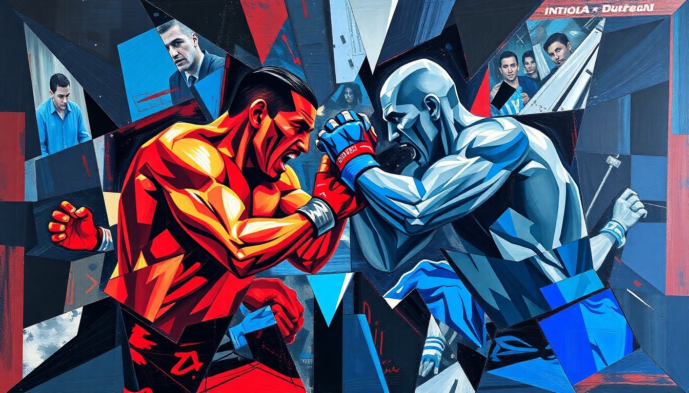 A fractured, multi-perspective painting in bold, angular shapes and colors, depicting the dynamic movements and intensity of a mixed martial arts fight or competition.