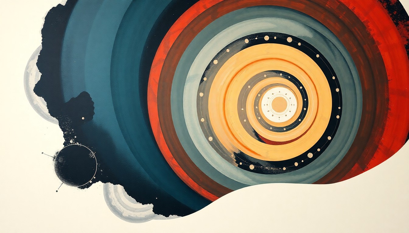 A bold, abstract painting in soft, flat colors depicting sweeping geometric arcs, concentric circles, and precise spirals, conceptually representing the complex scientific forces and challenges facing the future of the Winter Olympics due to climate change.