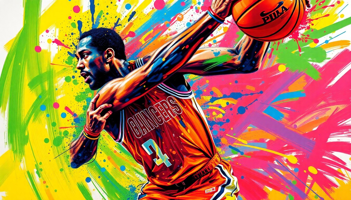 A vibrant, expressionist painting in neon colors depicting the dynamic movements and raw energy of a basketball player, with the player's face and jersey dissolved into unrecognizable splatters of paint.