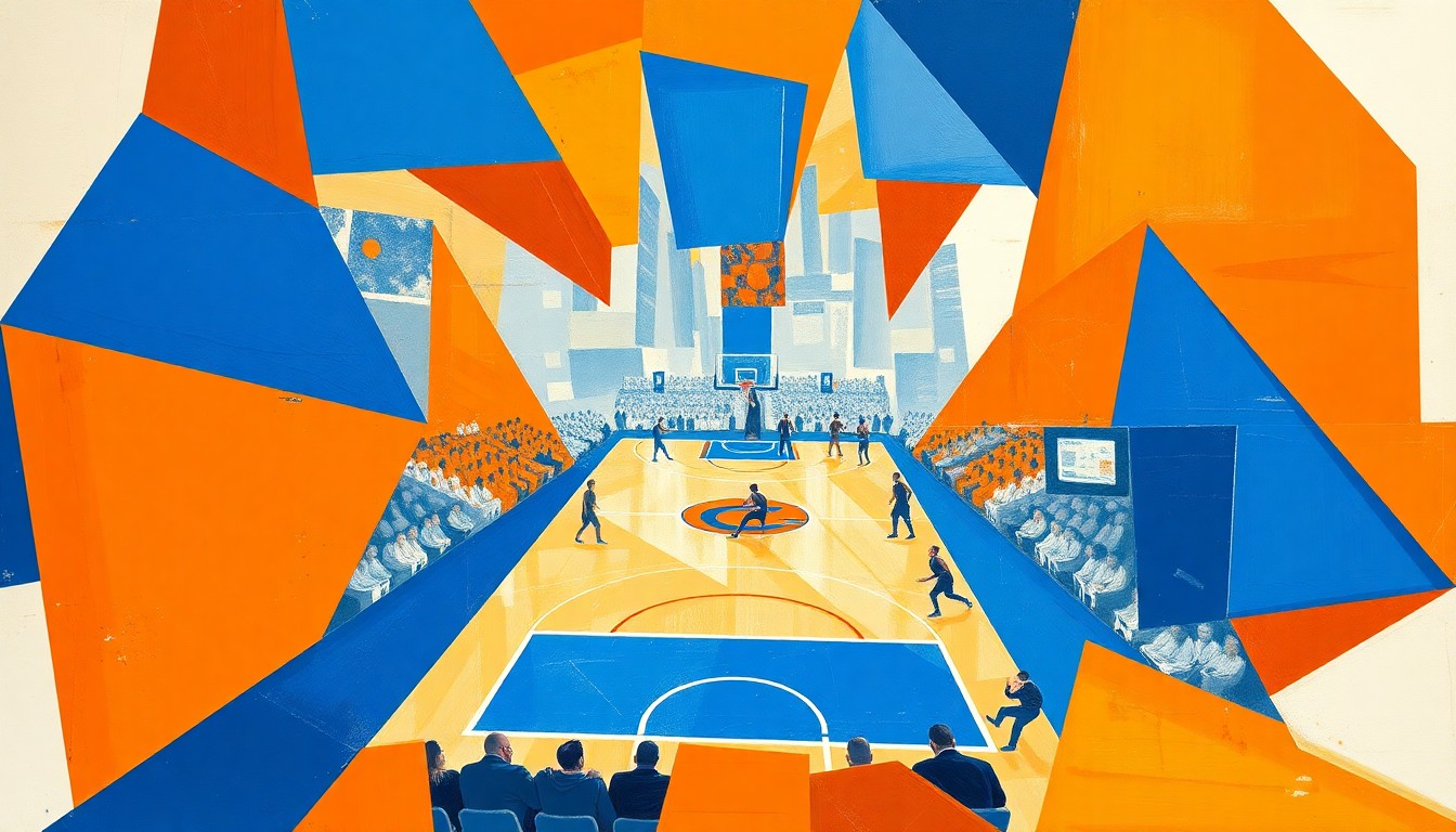 A fragmented, cubist-style painting depicting a Knicks basketball game, with the players and court broken down into sharp, overlapping geometric shapes in a palette of orange, blue, and white, capturing the team's multifaceted offensive approach.