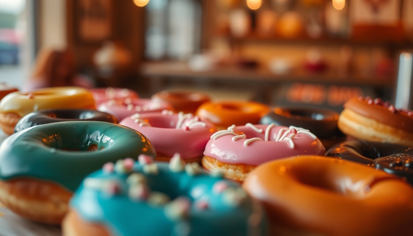 An extremely abstracted, out-of-focus photograph of a variety of colorful doughnuts in soft pools of warm light and color, conceptually representing the indulgent and artisanal nature of Holey Toledough's offerings.