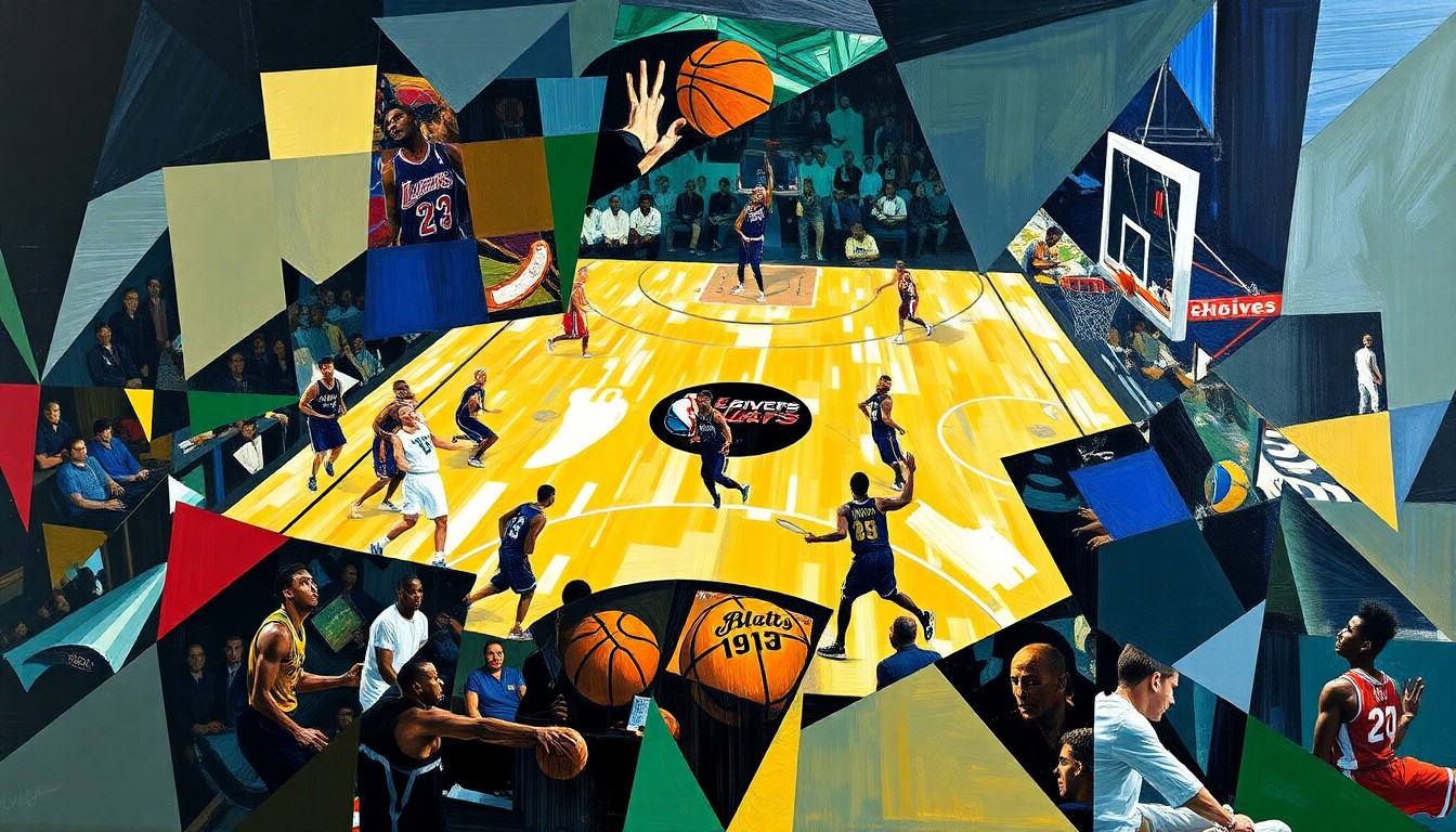 A cubist, geometric painting depicting the overlapping planes and fragmented perspectives of a basketball game, conveying the strategic complexity and intensity of NBA action without showing any identifiable players or teams.