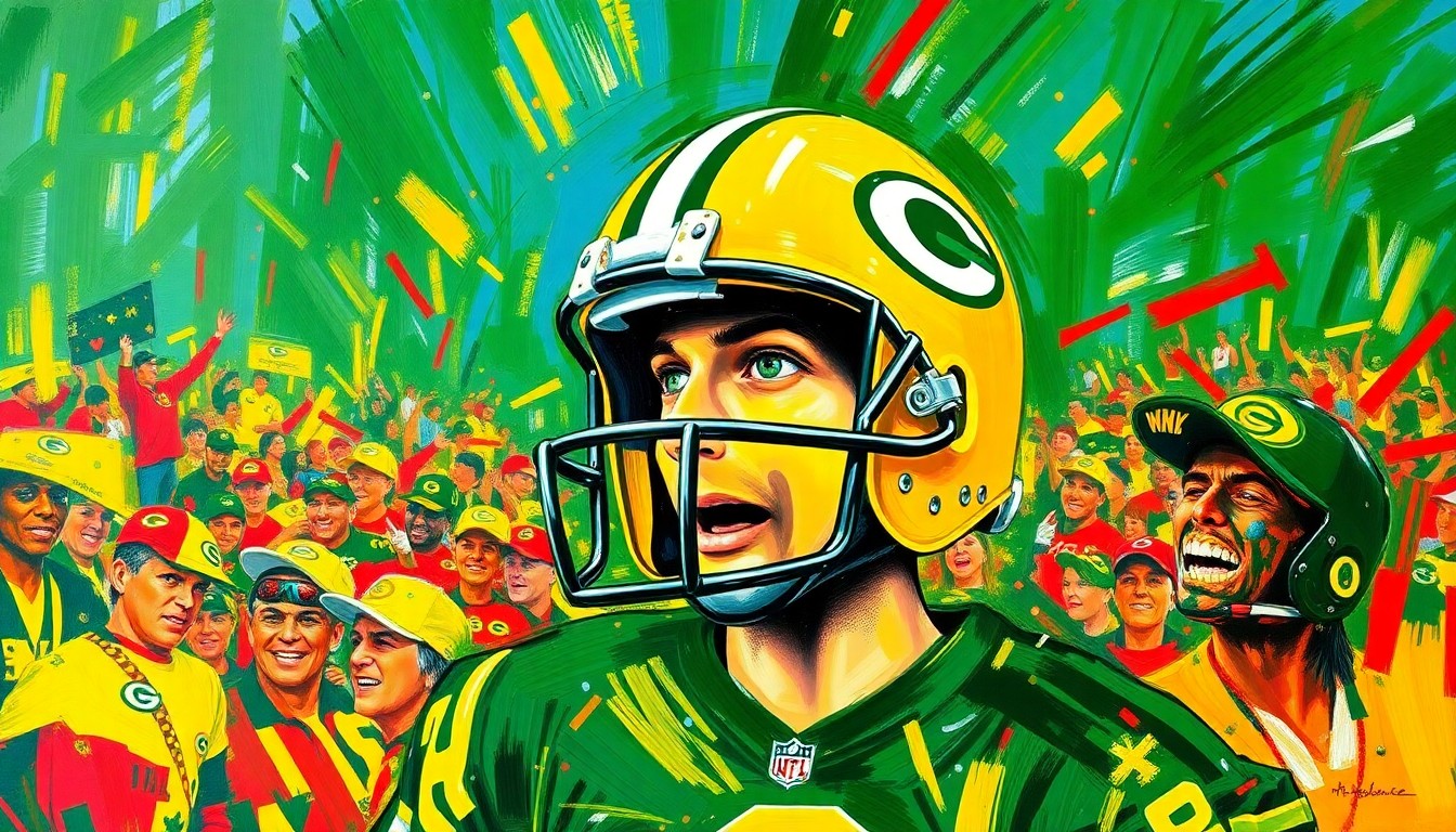 An abstract, expressionist painting featuring vibrant neon brushstrokes in shades of green, gold, and white, with the iconic Cheesehead design as the central visual element, conceptually representing the unique energy and fan culture of the Green Bay Packers.