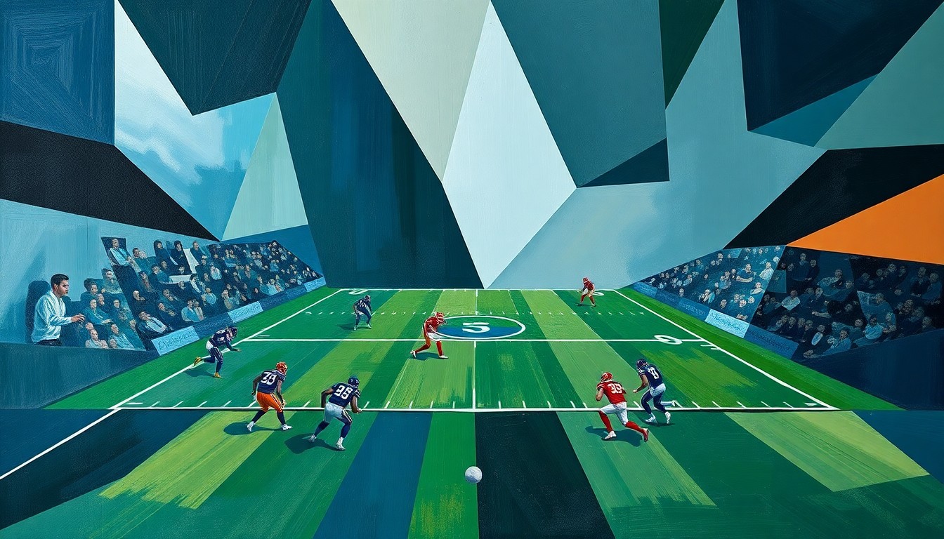A cubist, geometric painting depicting a fragmented football field and players, with sharp, overlapping planes of deep blues, greys, and greens, representing the Jets' long-standing playoff drought.
