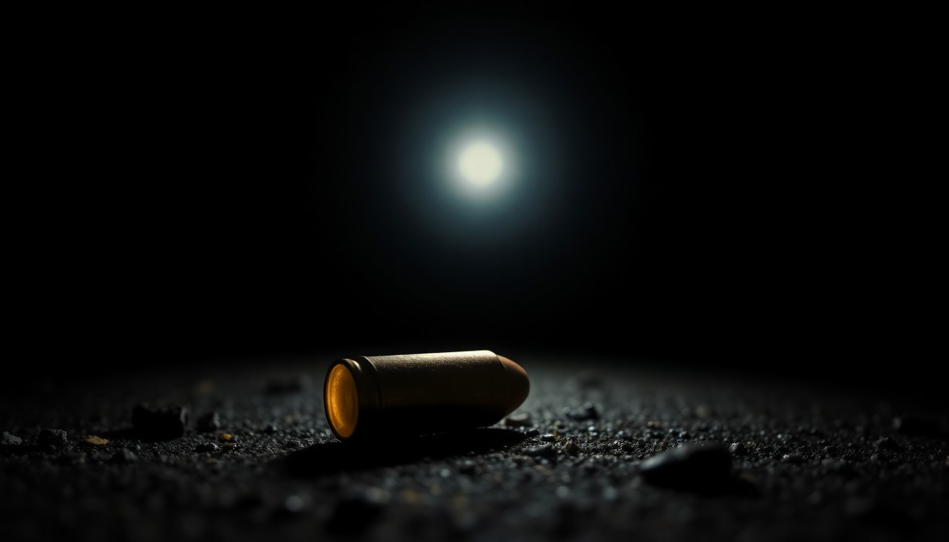 An extreme close-up photograph of a bullet casing on the ground, lit by a harsh, direct camera flash against a pitch-black background, creating a stark, gritty, investigative aesthetic.