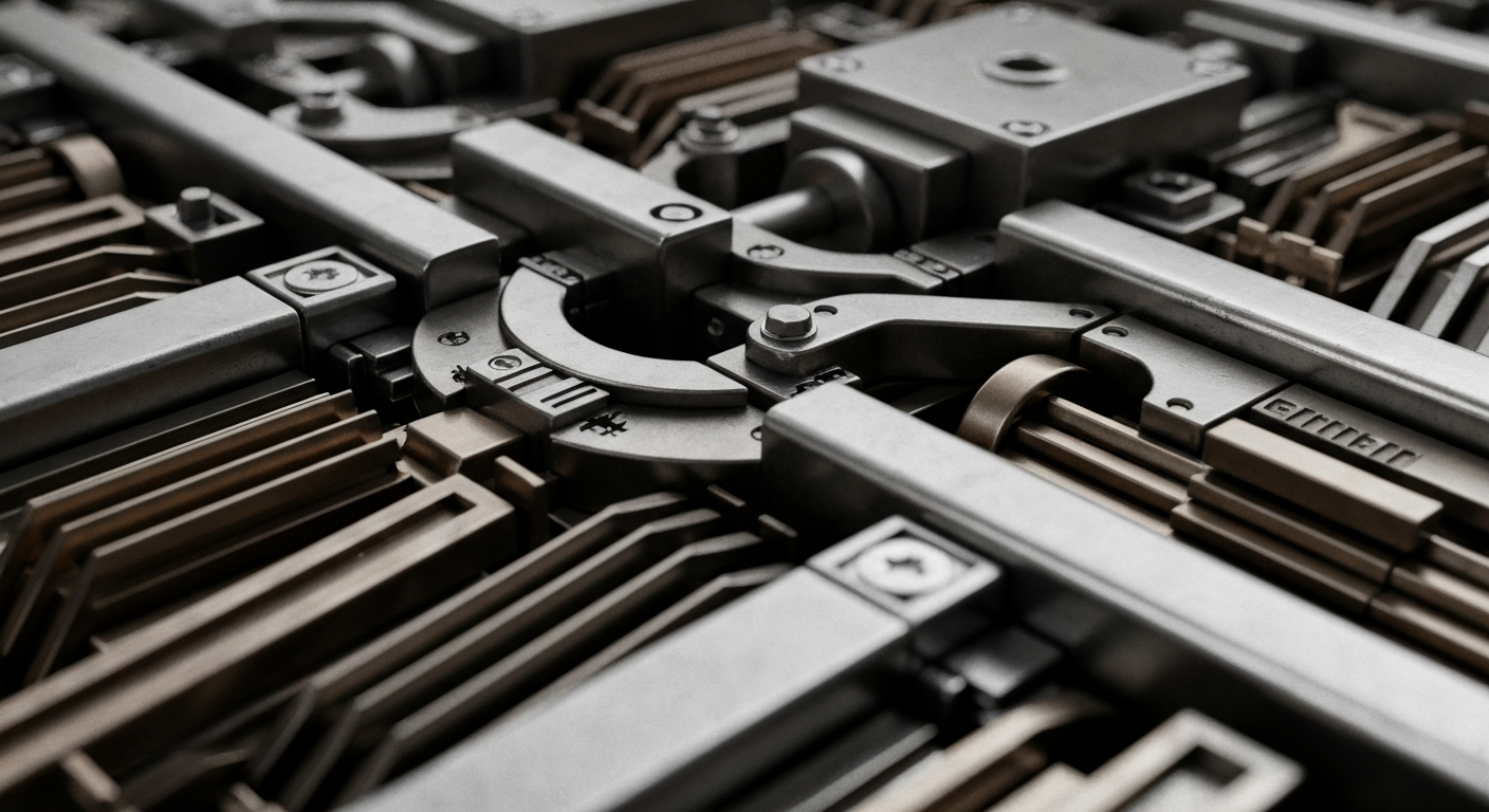 An extreme close-up of a tangle of gears, levers, and metal components, representing the complex mechanics of the banking and financial industry.