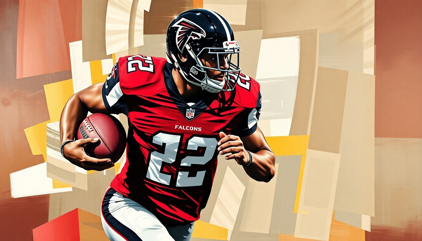A cubist-style painting depicting a football player in motion, broken down into sharp, overlapping geometric shapes in shades of red and black, representing the Atlanta Falcons' colors.