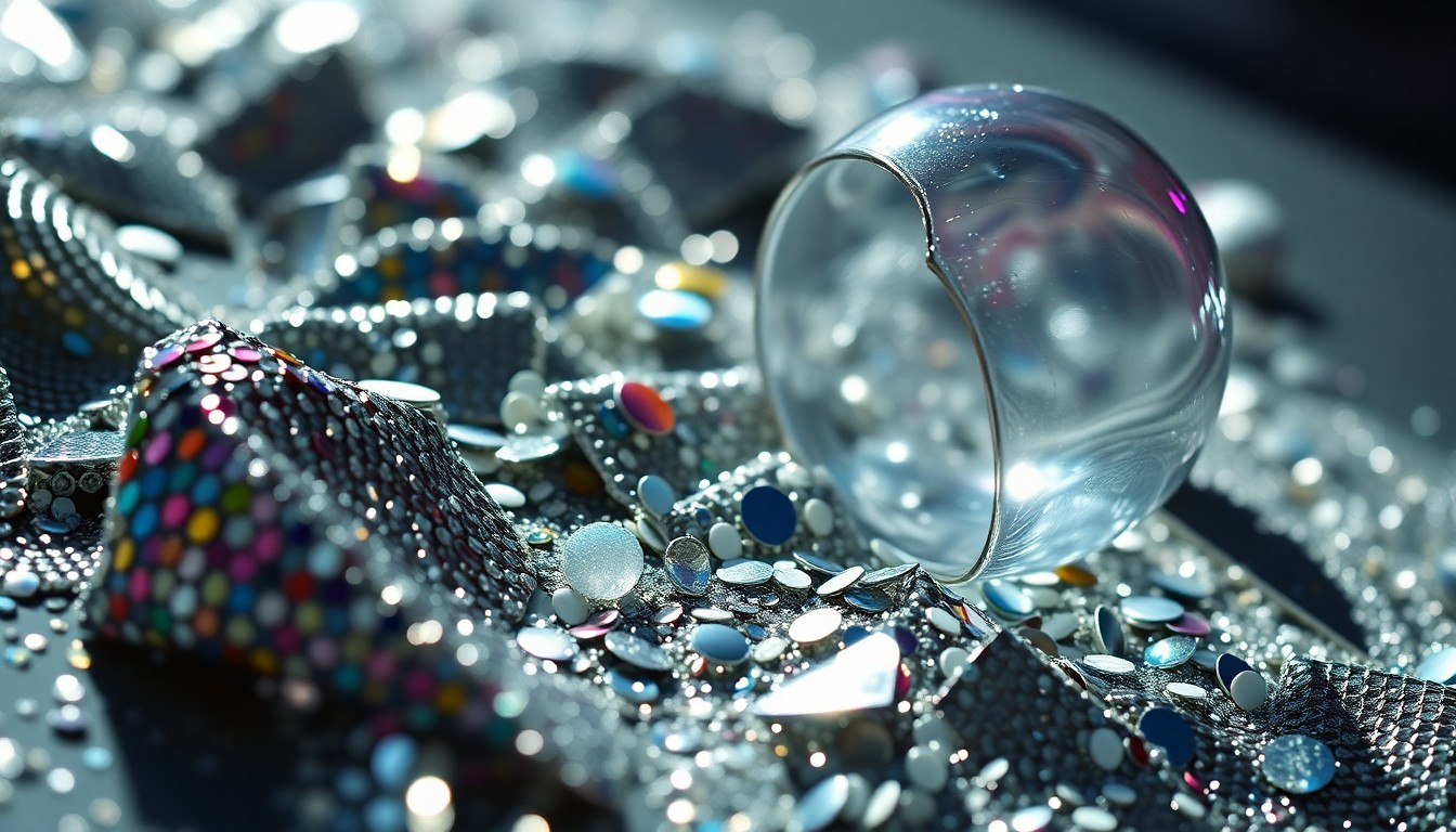 An extreme close-up photograph of shimmering sequins and shards of reflective glass, capturing the glamorous and textural essence of the Coachella music festival.