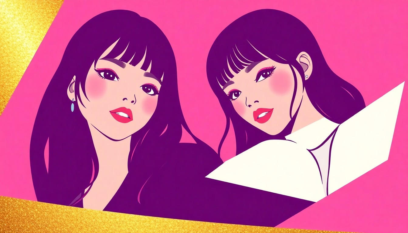 An abstract, minimalist illustration featuring bold, jagged geometric shapes in shades of pink, purple, and gold, conceptually representing the collaboration between the K-pop girl groups KATSEYE and Huntrix.