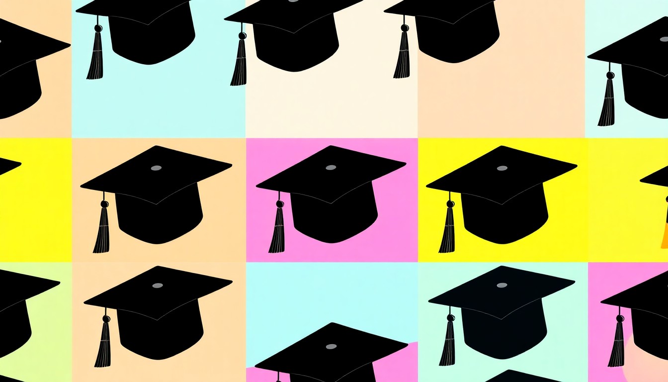 A brightly colored, high-contrast silkscreen print of a university graduation cap repeated in a tight grid pattern, capturing the celebratory energy and academic prestige of the University of Florida's graduate program rankings.