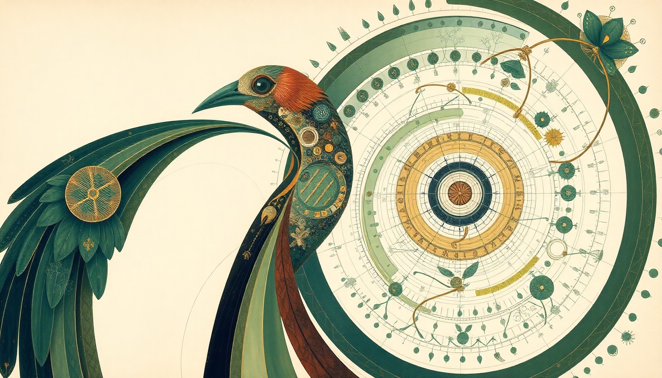 A highly structured abstract painting in muted earth tones, featuring sweeping geometric arcs, concentric circular motifs, and precise botanical spirals, conceptually representing the interplay of robotic and natural bird forms in a delicate ecological balance.