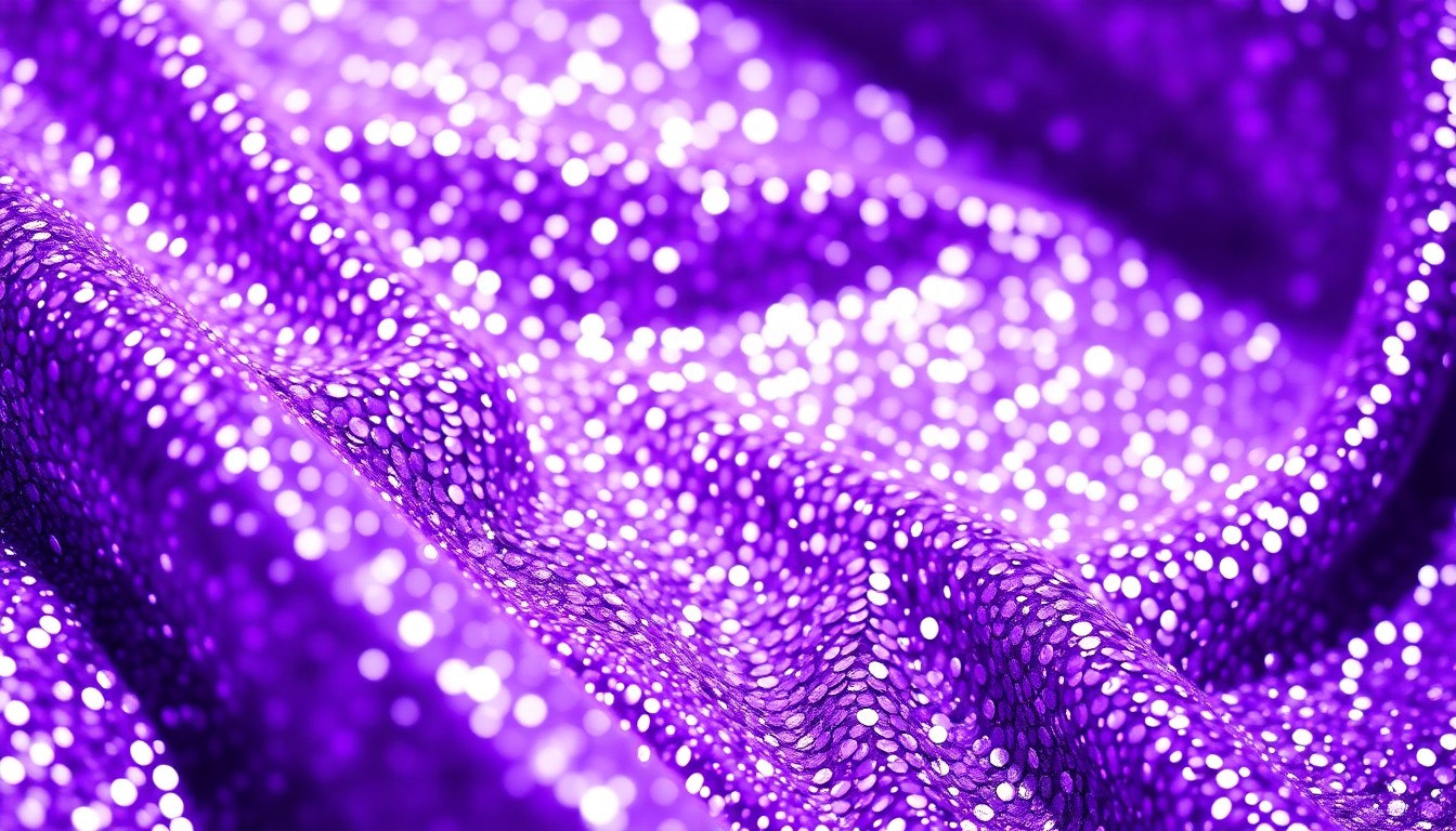 An extreme close-up abstract photograph of glittering, high-contrast sequins and shimmering fabrics in vibrant shades of purple, conceptually representing the glamour and spectacle of a major music festival performance.