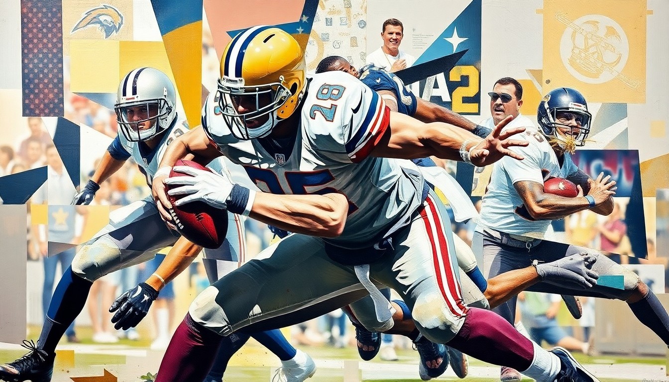 A cubist-style painting depicting a football player in the midst of a pass rush, with their body and movements broken down into sharp, overlapping geometric shapes and planes, capturing the intensity and dynamism of the defensive action.