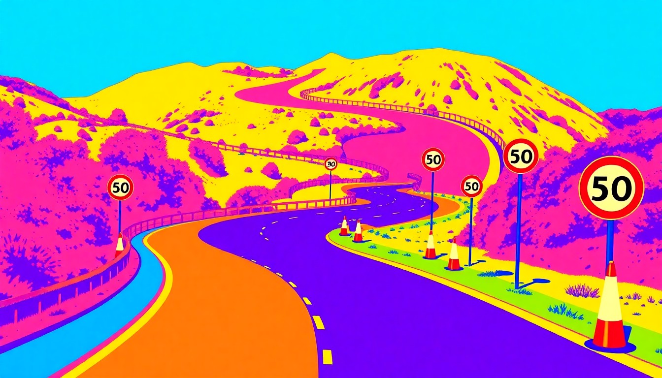 A brightly colored, high-contrast silkscreen print of a winding road with speed limit signs and traffic cones, repeated in a tight grid pattern, conceptually representing the debate over road safety and urban development.