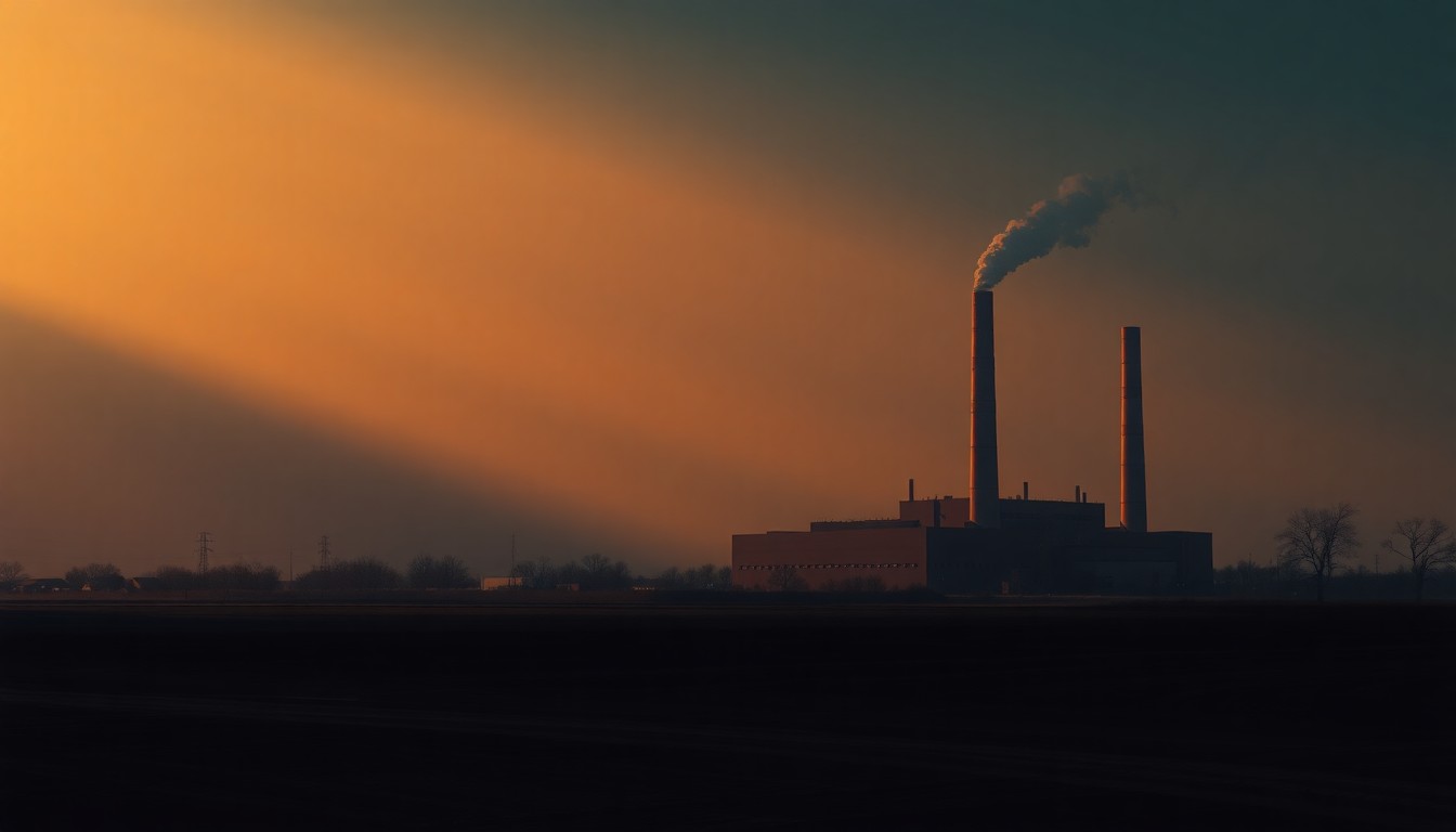 A serene, photorealistic painting of a coal-fired power plant in Illinois, with the plant's towering smokestacks and industrial structures bathed in warm, golden light and deep shadows, conveying a sense of both the plant's importance and the environmental concerns surrounding its continued operation.
