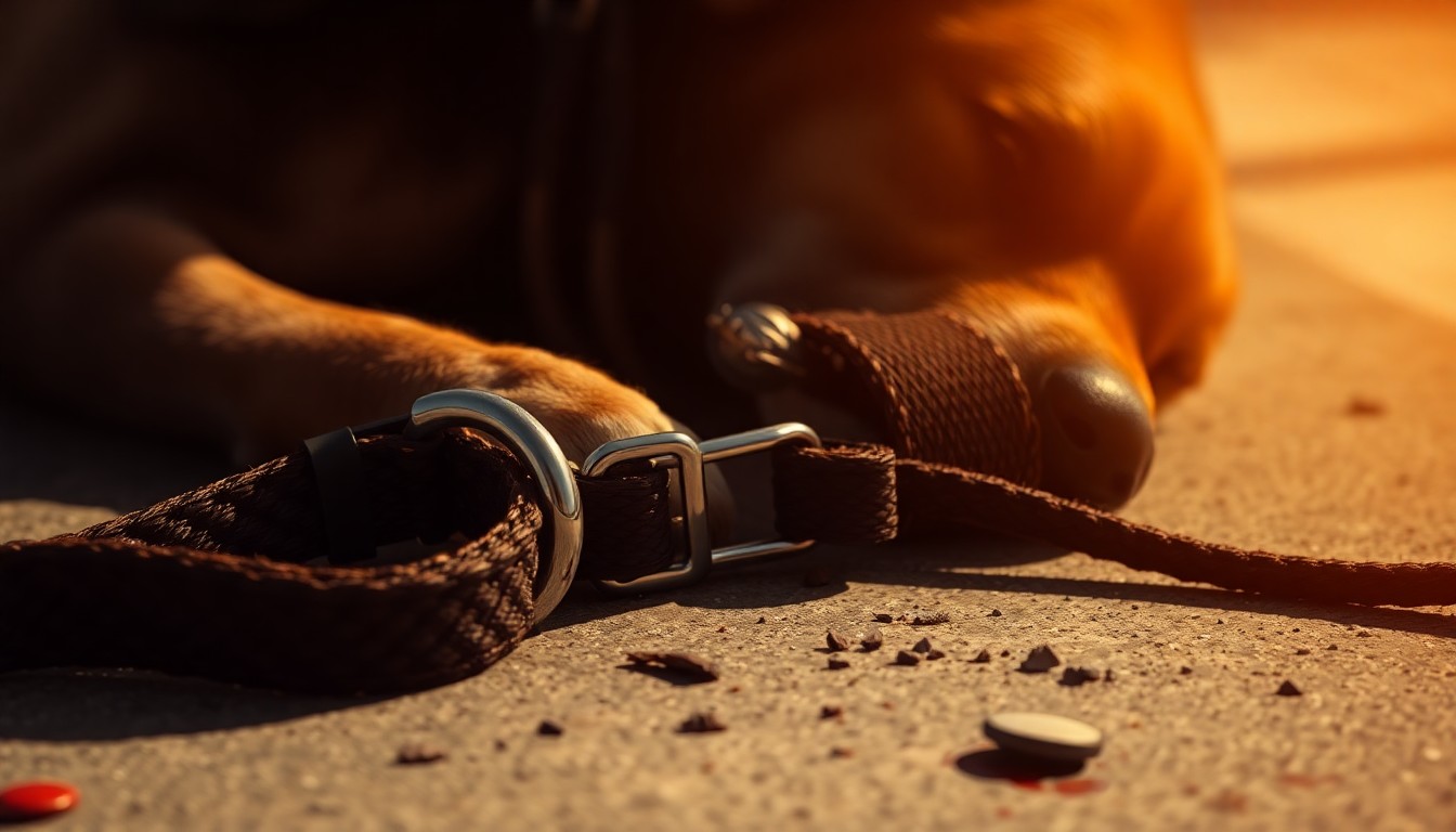 An extreme close-up photograph of a dog's collar and leash lying on the ground, partially obscured by shadows, conveying a sense of danger and the aftermath of a violent incident.