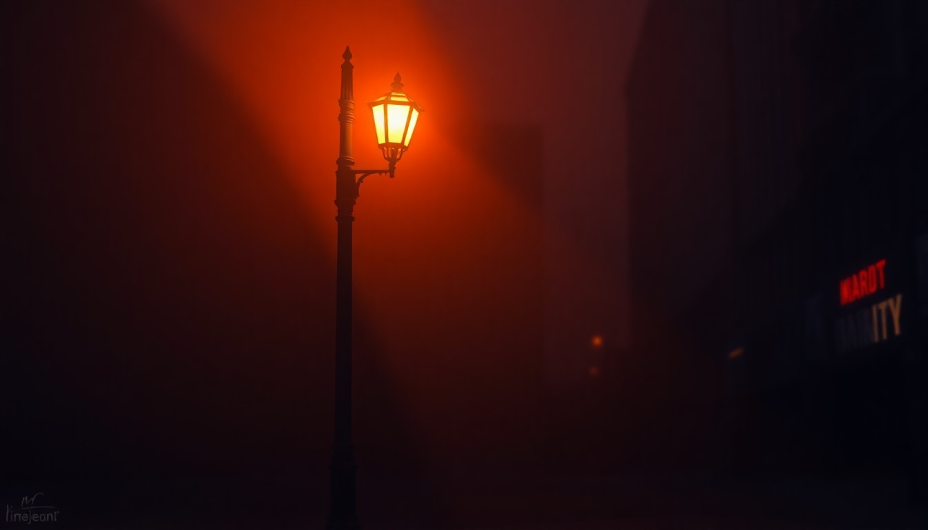 A serene, cinematic painting of a solitary New York City street lamp post, its warm glow casting long shadows across the pavement, with the faint outline of a crowd of people in the background, conceptually representing the community-focused 'pothole politics' championed by the new mayor.