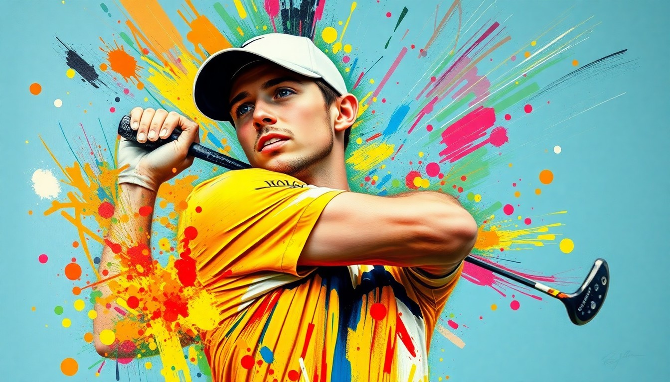 An abstract, expressionist painting featuring vibrant neon brushstrokes and splatters of color, capturing the dynamic motion and energy of a professional golfer's swing.