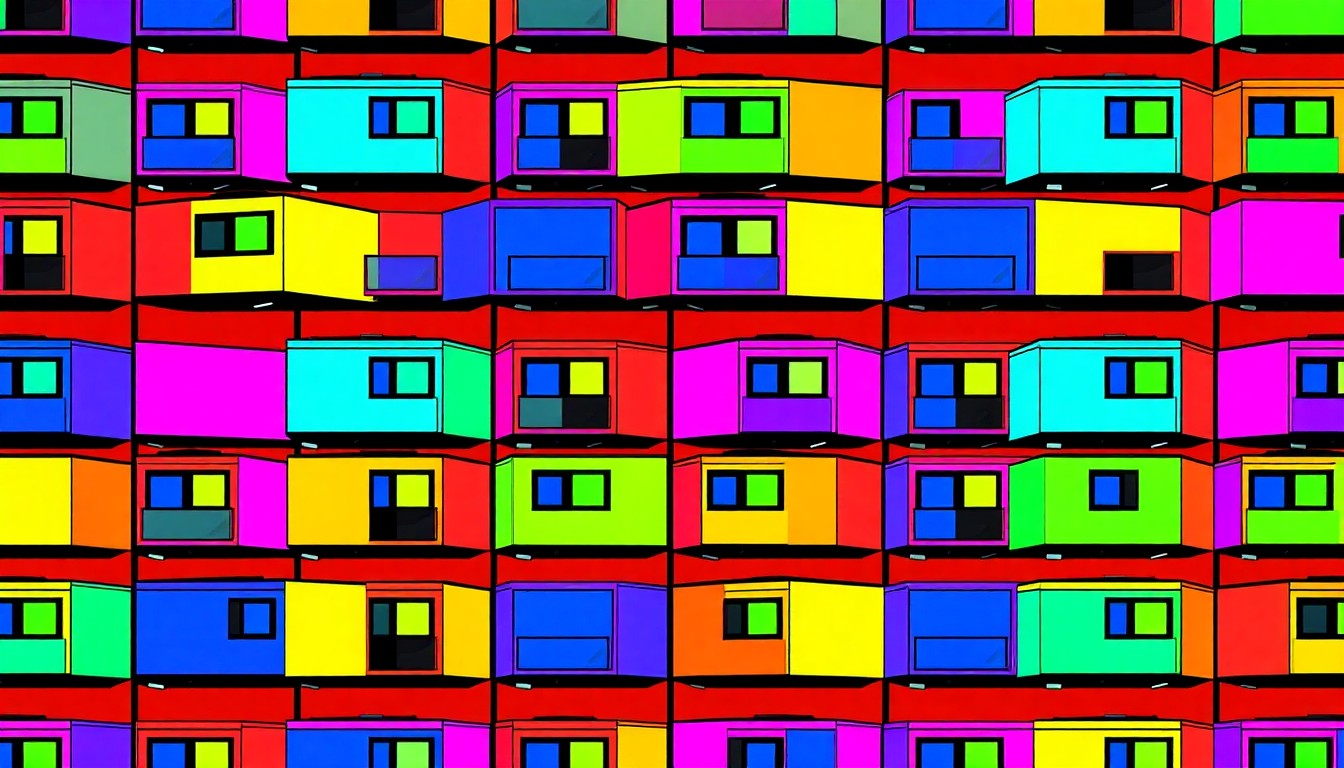 A bold, colorful silkscreen print featuring a repeated image of a modular home unit in a grid pattern, capturing the creative and vibrant approach Habitat for Humanity is taking to address affordable housing needs.