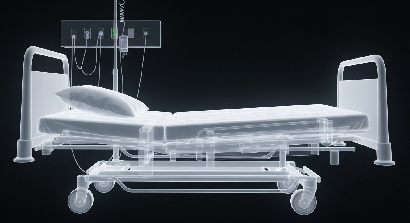 A translucent X-ray photograph showing the internal structure of a hospital bed, with faint glowing lines revealing the medical equipment, conceptually representing the violation of a patient's privacy.