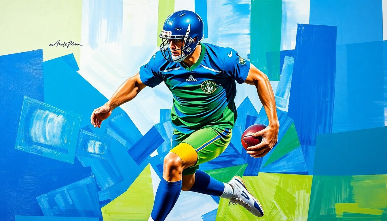A cubist-style painting depicting a football player in motion, their form broken down into sharp, overlapping geometric shapes in shades of blue and green.
