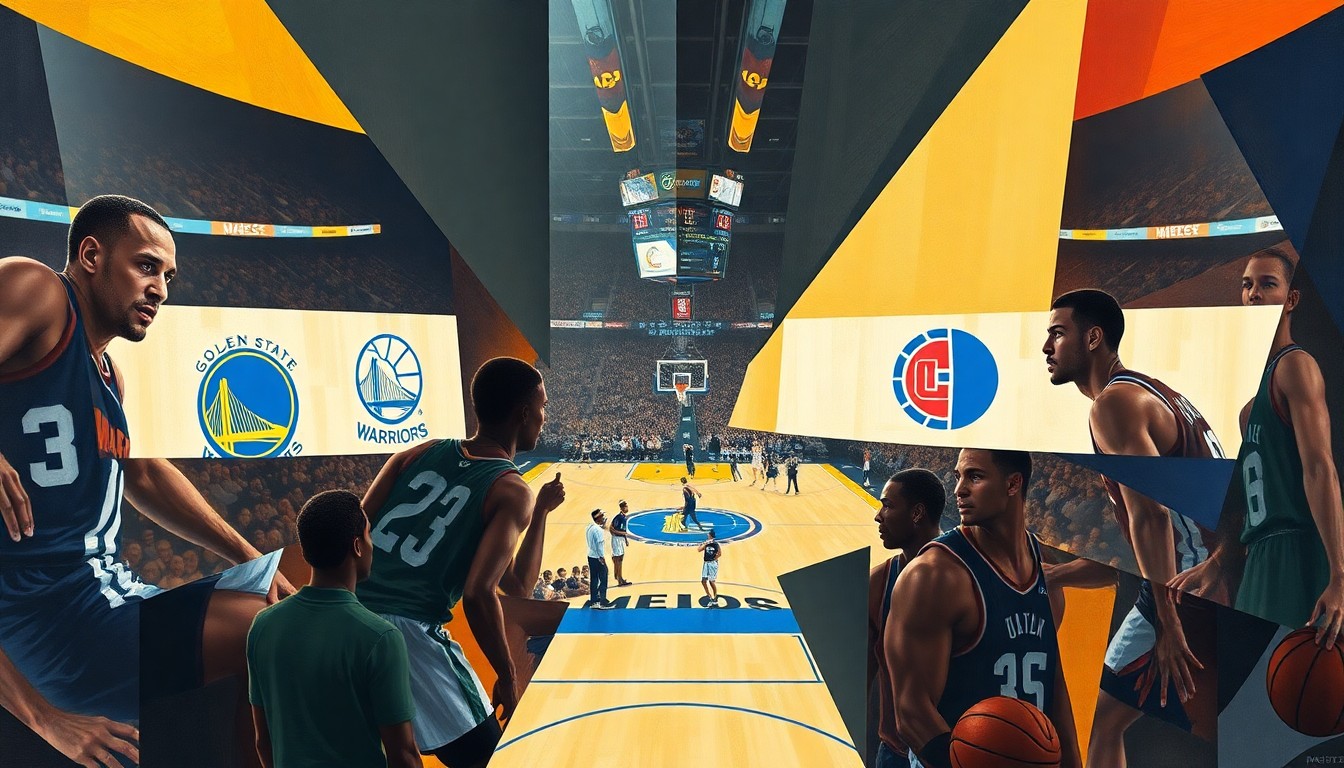 A cubist, geometric painting depicting a basketball game between the Golden State Warriors and Los Angeles Clippers. The players' forms are fragmented and abstracted into overlapping planes of color and shape, capturing the intensity and dynamism of the sport.