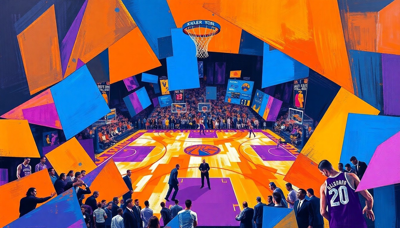 A fragmented, cubist-style painting depicting a basketball game, with the players and court broken down into sharp, overlapping geometric shapes in a vibrant color palette, conveying the dynamic energy of the upcoming playoff series.