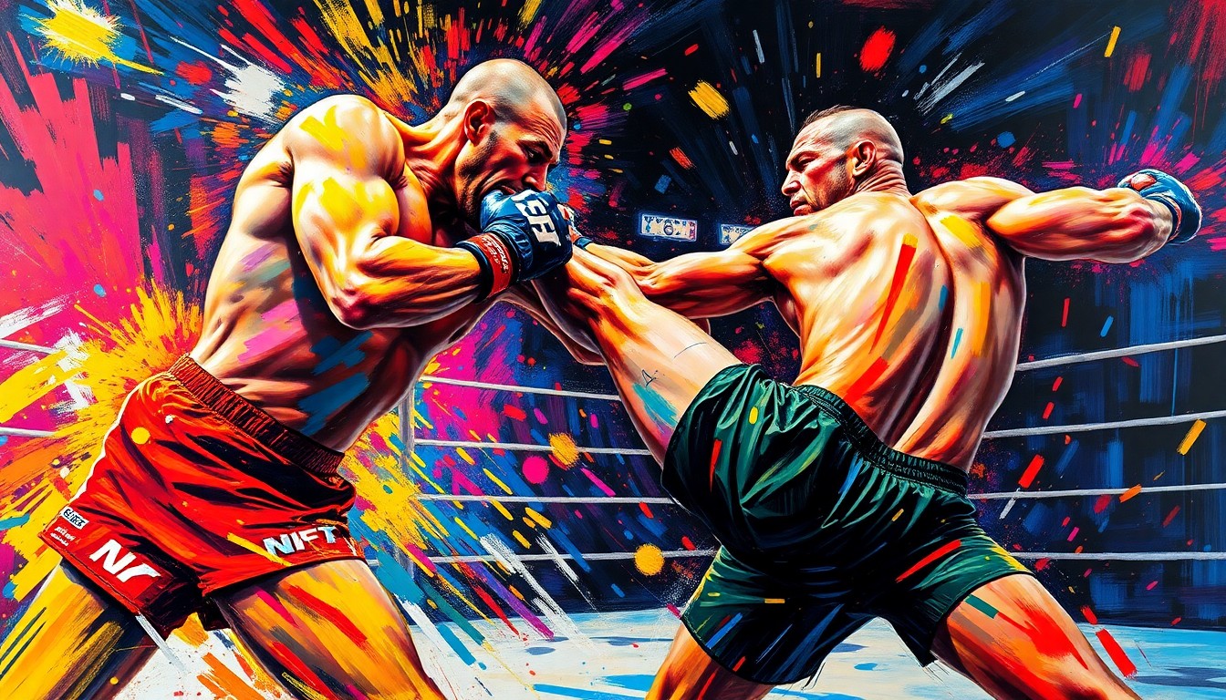 A vibrant, abstract painting with bold, energetic brushstrokes in neon colors, capturing the raw intensity and physicality of a heavyweight MMA fight.