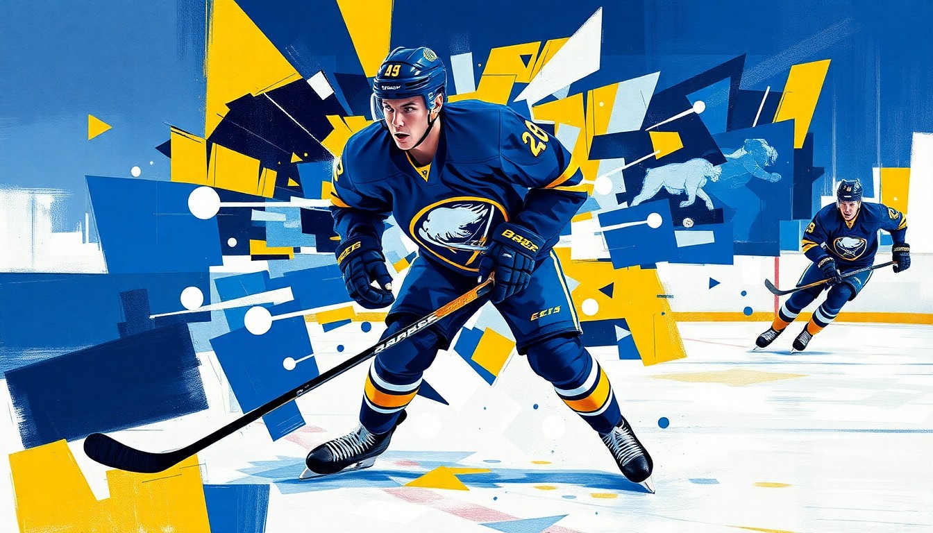 A cubist, geometric painting depicting a hockey player's intense movements on the ice, with sharp, overlapping planes in the Sabres' blue and gold colors.